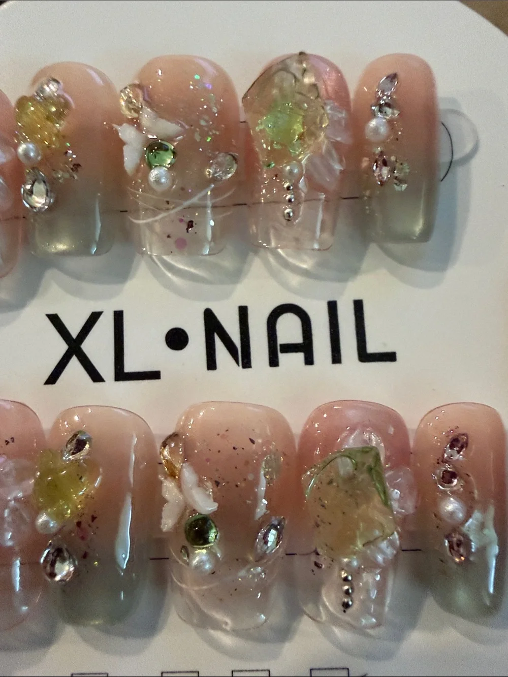 Pink and green Pearl Floral handmade acrylic Press-On Nail Set
